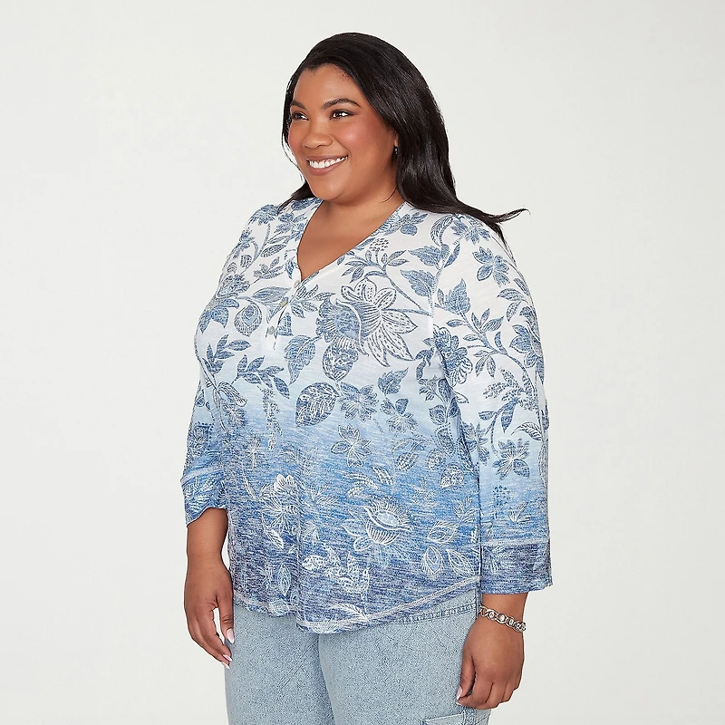 Alfred Dunner Out Of The Blue Womens Plus V Neck 3/4 Sleeve Blouse