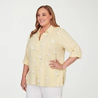 Alfred Dunner Out Of The Blue Womens Plus 3/4 Sleeve Embroidered Blouse