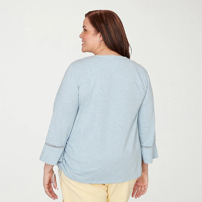 Alfred Dunner Out Of The Blue Womens Plus Keyhole Neck 3/4 Sleeve T-Shirt