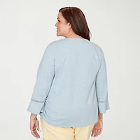 Alfred Dunner Out Of The Blue Womens Plus Keyhole Neck 3/4 Sleeve T-Shirt