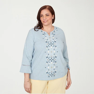 Alfred Dunner Out Of The Blue Womens Plus Keyhole Neck 3/4 Sleeve T-Shirt