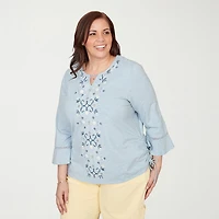 Alfred Dunner Out Of The Blue Womens Plus Keyhole Neck 3/4 Sleeve T-Shirt