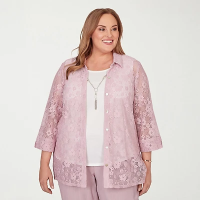 Alfred Dunner Vintage Charm Womens Plus 3/4 Sleeve Layered Top