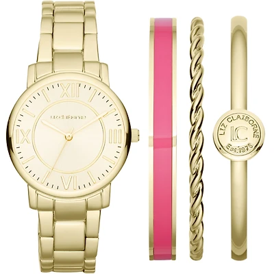 Liz Claiborne Womens Gold-Tone Watch & Pink 3-Bangle Set
