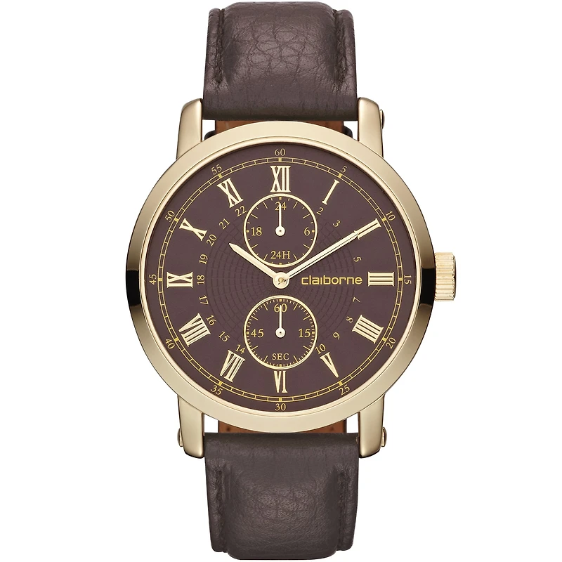 Claiborne Mens Brown Leather Gold-Tone Watch