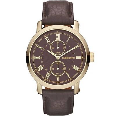 Claiborne Mens Brown Leather Gold-Tone Watch