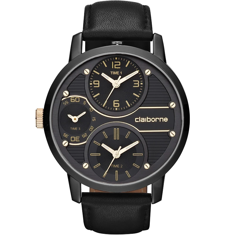 Claiborne Mens Oversized Dial Black Leather Strap Watch