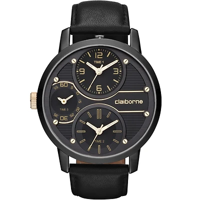 Claiborne Mens Oversized Dial Black Leather Strap Watch