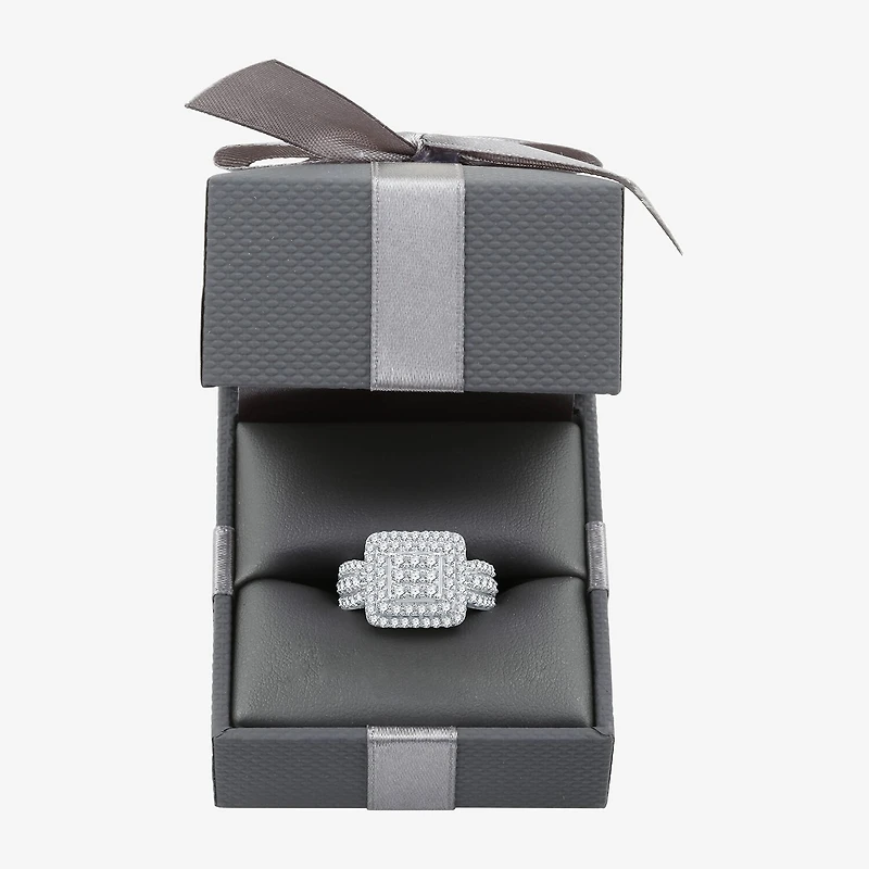 Womens 1 1/2 CT. T.W. Lab Grown White Diamond Sterling Silver Cushion Halo Side Stone Cocktail Ring