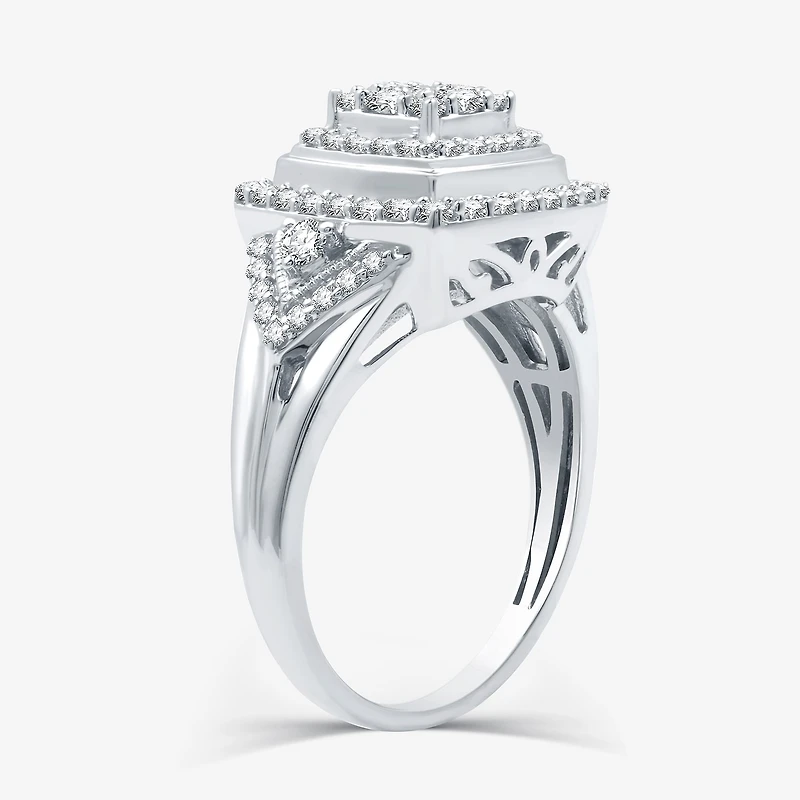 Womens 3/4 CT. T.W. Lab Grown White Diamond Sterling Silver Cushion Halo Side Stone Cocktail Ring