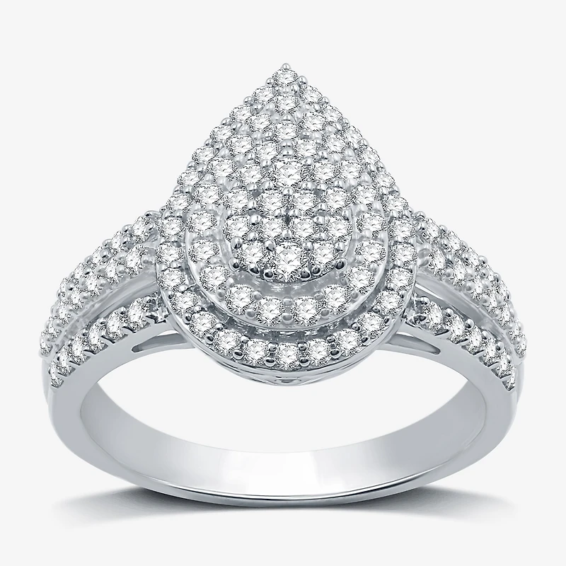 Womens 3/4 CT. T.W. Lab Grown White Diamond Sterling Silver Pear Halo Side Stone Cocktail Ring