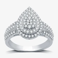 Womens 3/4 CT. T.W. Lab Grown White Diamond Sterling Silver Pear Halo Side Stone Cocktail Ring