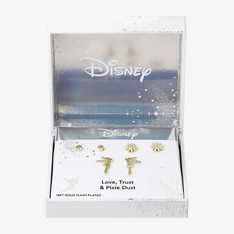 Disney Classics Womens Cubic Zirconia 10K Gold Over Brass Flower Princess Tinker Bell 3 Pair Earring Set