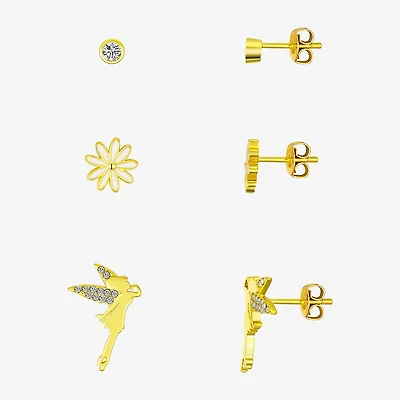 Disney Classics Womens Cubic Zirconia 10K Gold Over Brass Flower Princess Tinker Bell 3 Pair Earring Set