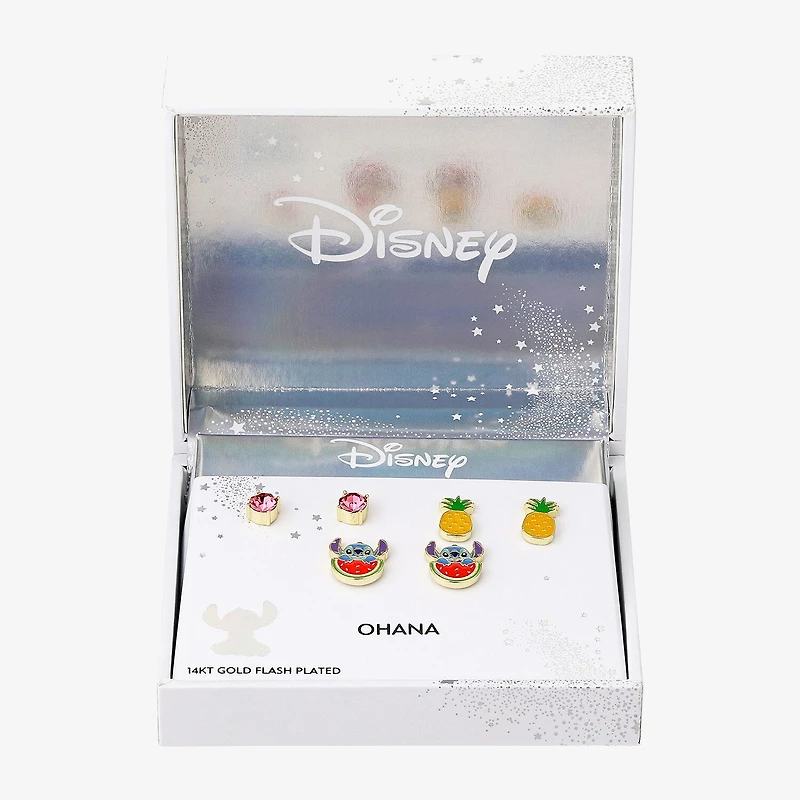 Disney Classics Fruit Womens Pink Crystal 10K Gold Over Brass Lilo & Stitch 3 Pair Earring Set