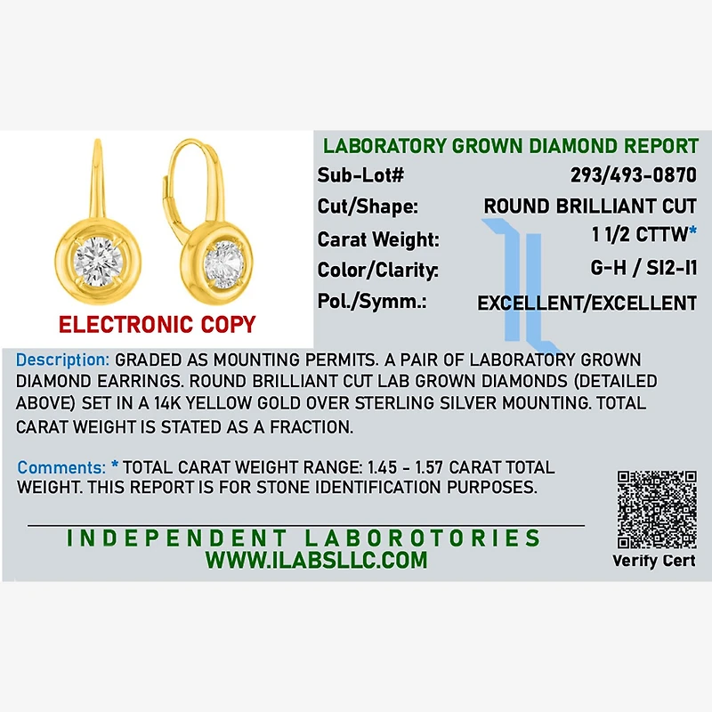 Diamond Addiction G-H/Si2-I1 Womens 1 1/2 CT. T.W. Lab Grown White Diamond 14K Gold Over Silver Round Drop Earrings