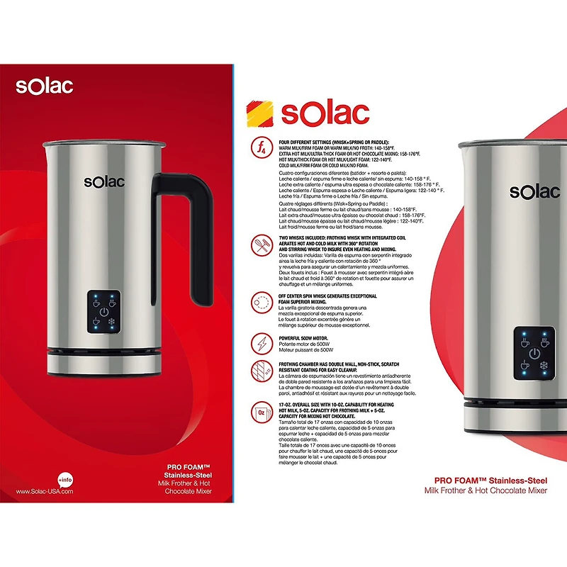 SOLAC PRO FOAM™ Stainless-Steel Milk Frother & Hot Chocolate Mixer