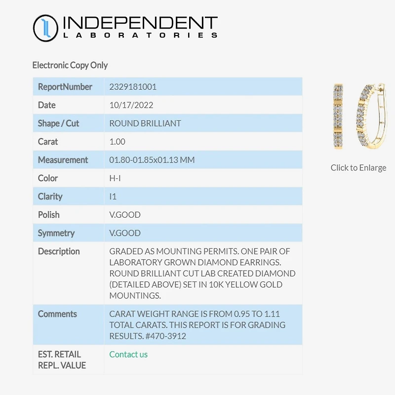 (H-I / I1) Womens 1 CT. T.W. Lab Grown White Diamond 10K Gold 25.6mm Hoop Earrings