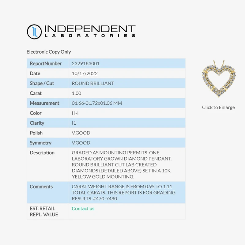H-I / I1) Womens 1 CT. T.W. Lab Grown White Diamond 10K Gold Heart 18 Inch Pendant Necklace