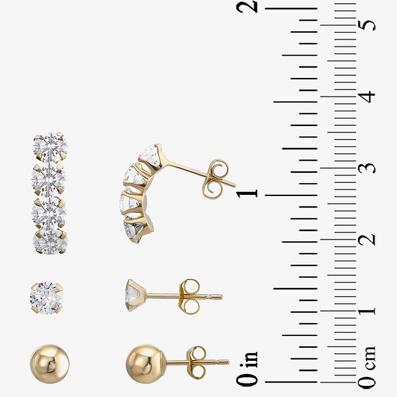 Womens Lab Created Cubic Zirconia 10K Gold Ball 3 Pair Earring Set