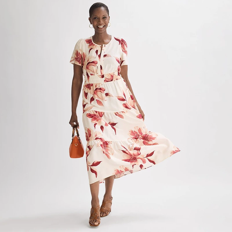 Liz Claiborne Womens Midi Split Crew Neck Short Sleeve Floral Peasant Dress