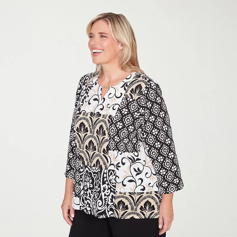 Alfred Dunner Classics Womens Plus Crew Neck 3/4 Sleeve T-Shirt