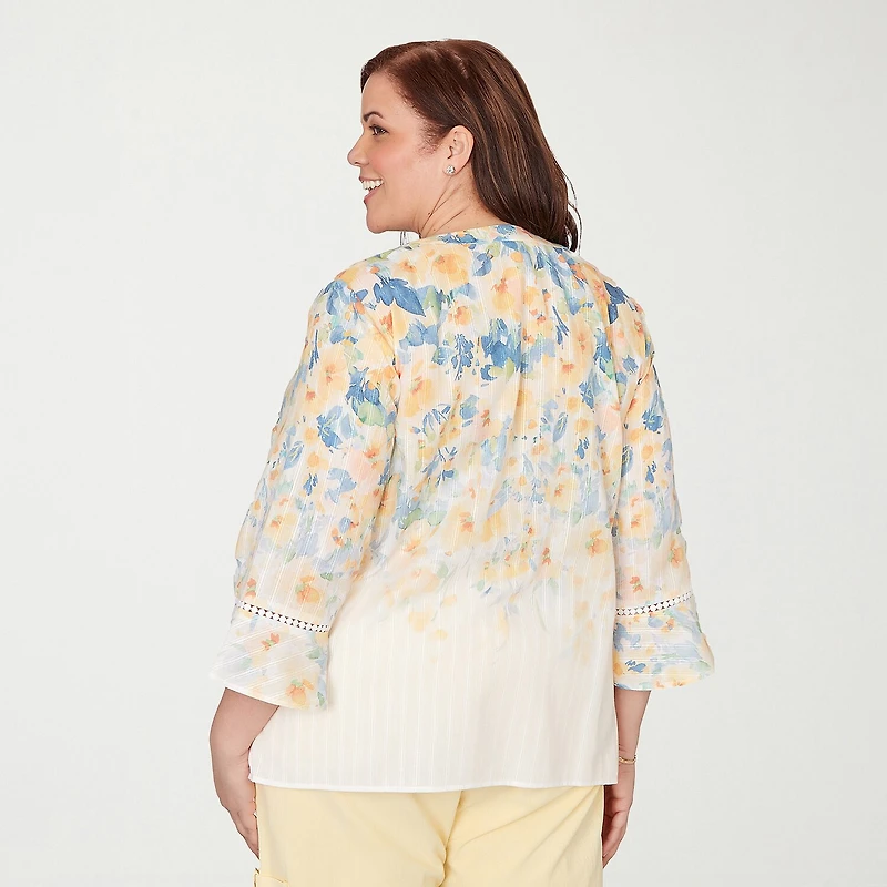 Alfred Dunner Out Of The Blue Womens Plus Split Crew Neck 3/4 Sleeve Blouse