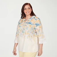 Alfred Dunner Out Of The Blue Womens Plus Split Crew Neck 3/4 Sleeve Blouse
