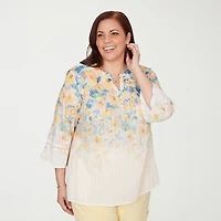 Alfred Dunner Out Of The Blue Womens Plus Split Crew Neck 3/4 Sleeve Blouse
