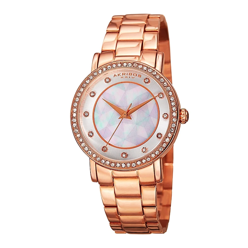 Akribos XXIV Womens White Dial Rose Gold-Tone Bracelet Watch