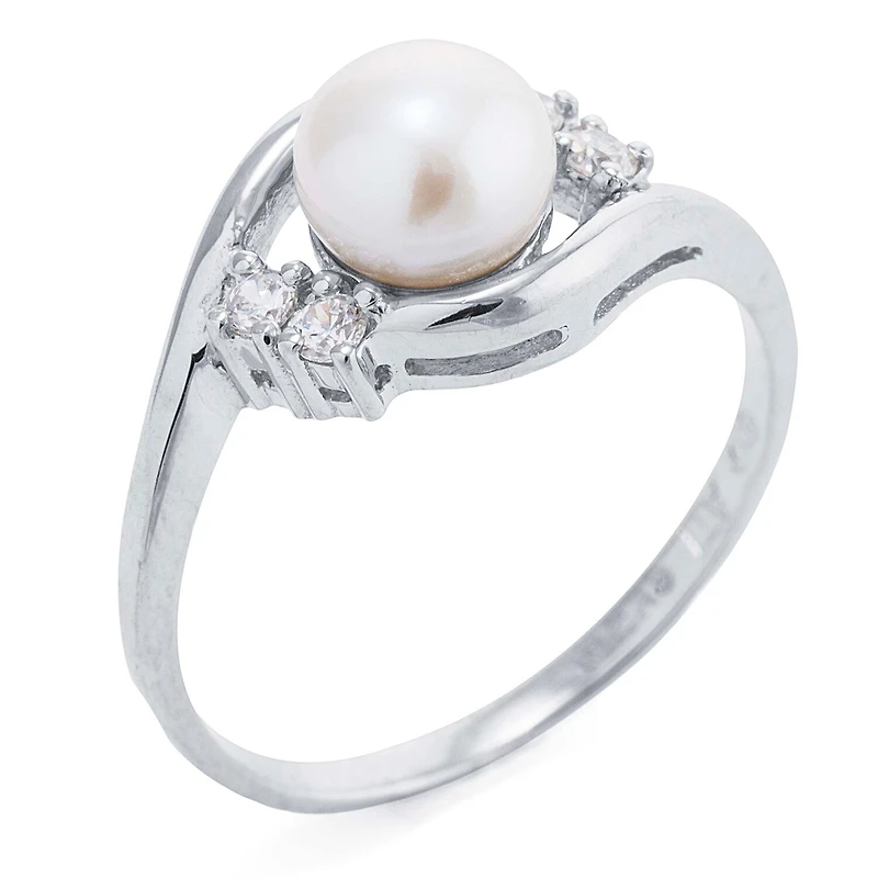 Silver Treasures Cultured Freshwater Pearl Womens White Cubic Zirconia Sterling Delicate Bypass Promise Ring