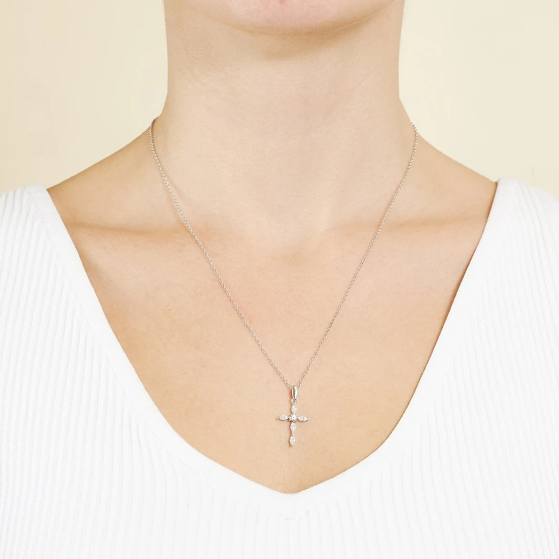 Silver Treasures Womens Cubic Zirconia Sterling Silver Cross 18 Inch Pendant Necklace