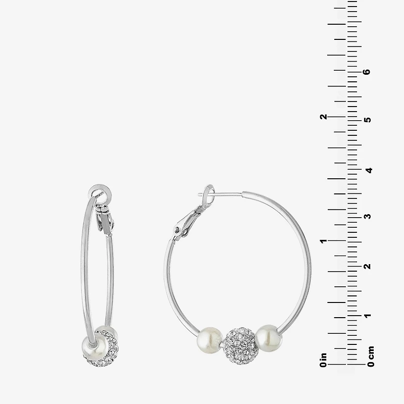 Silver Reflections Crystal Simulated Pearl Pure Silver Over Brass Hoop Earrings