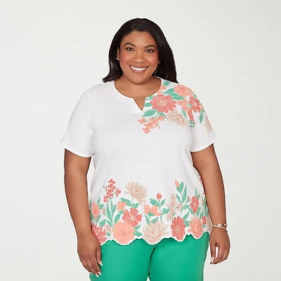 Alfred Dunner Resort Living Womens Plus Split Crew Neck Short Sleeve T-Shirt