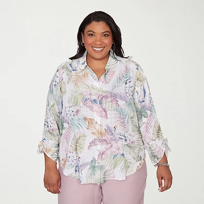 Alfred Dunner Vintage Charm Womens Plus 3/4 Sleeve Classic Fit Button-Down Shirt