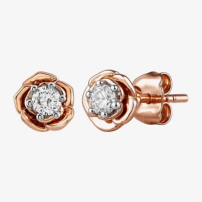 Enchanted Disney Fine Jewelry (I,I2), Belle 1/5 CT. Lab Grown White Diamond 14K Rose Gold Over Silver 6.5mm Flower Beauty and the Beast Belle Princess Stud Earrings