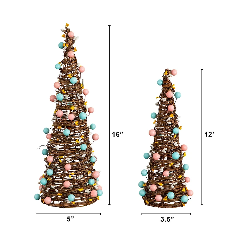 Nearly Natural 12" And 16" Rattan Cone With Pastel Eggs Indoor Artificial Tree