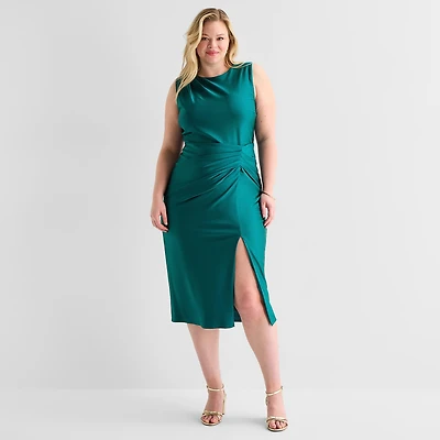 Premier Amour Womens Plus Midi Round Neck Sleeveless Sheath Dress