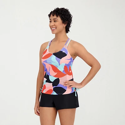 ZeroXposur Womens Built Bra Geo Linear Tankini Swimsuit Top