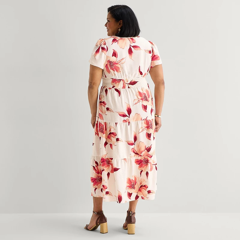 Liz Claiborne Womens Plus Midi V Neck Short Sleeve Floral Peasant Dress