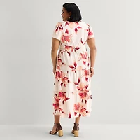 Liz Claiborne Womens Plus Midi V Neck Short Sleeve Floral Peasant Dress