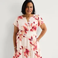 Liz Claiborne Womens Plus Midi V Neck Short Sleeve Floral Peasant Dress