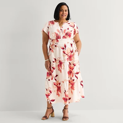 Liz Claiborne Womens Plus Midi Short Sleeve Floral Peasant Dress
