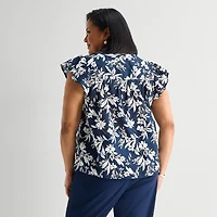 Liz Claiborne Womens Plus V Neck Short Sleeve Blouse