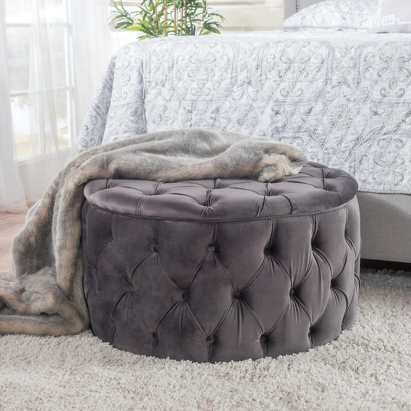 Zelfa Round Wooden Tufted Ottoman