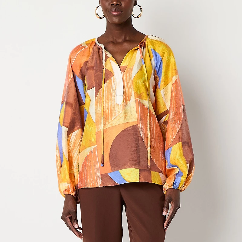 Worthington Womens Split Tie Neck Long Sleeve Blouse