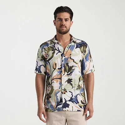 Cubavera Watercolor Painting Print Mens Short Sleeve Regular Fit Button-Down Shirt