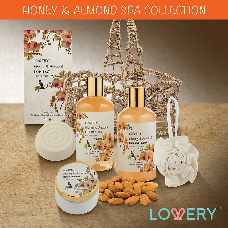 LOVERY™ Honey & Almond Home Bath Gift Set - 7pc Handmade Spa Kit
