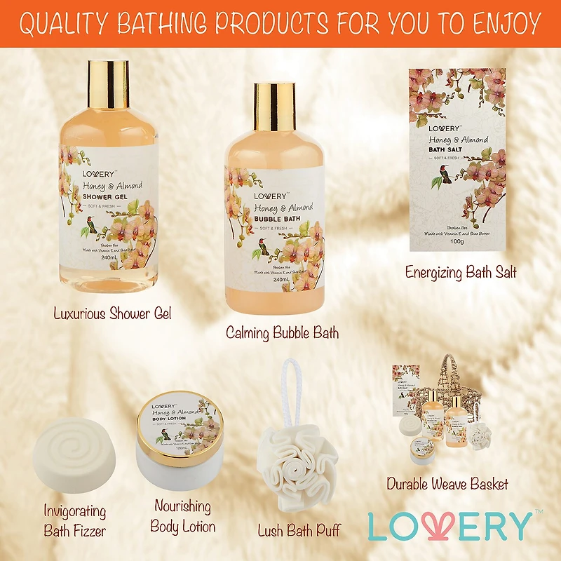 LOVERY™ Honey & Almond Home Bath Gift Set - 7pc Handmade Spa Kit