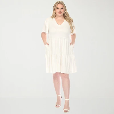 White Mark V-Neck Short Sleeve Womens Plus V Neck Short Sleeve A-Line Dress